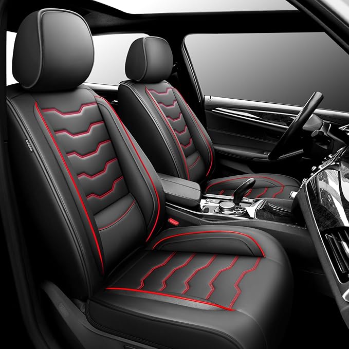 Fit Rogue Car Seat Covers Compatible with Nissan Rogue 2011-2025 2026 - Premium Leather， Waterproof Breathable， All-Weather Seat Cushion Protecto&Airbag Compatible (2 Front Seat Red Line Black)