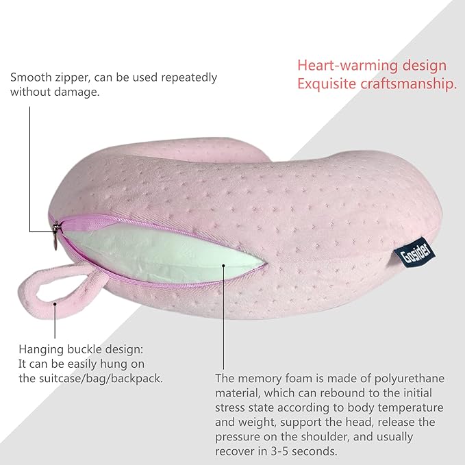 Neck Pillows for Sleeping Travel Pink Travel Pillow Comfortable U Shape Memory Foam Pillows Neck and Head Support Portable Travel Neck Pillow Suitable for Planes, Trains, Self-Driving Cars