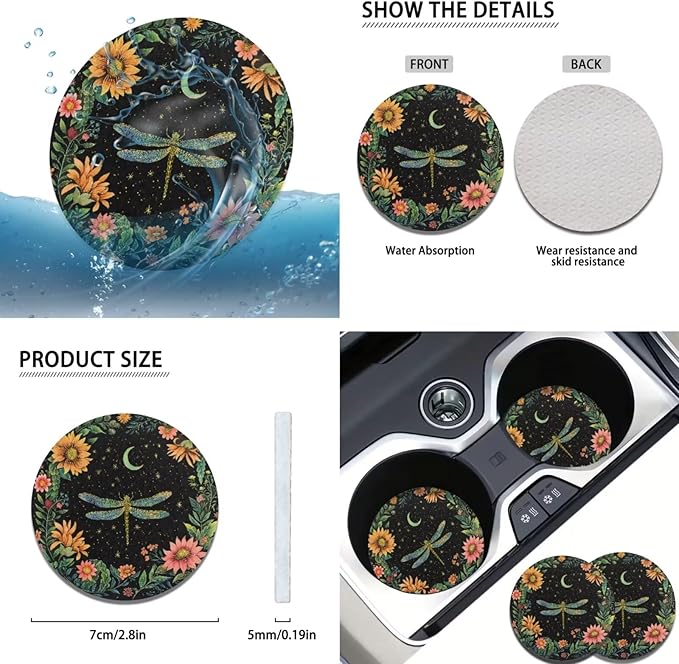Dragonfly Print 6 Pcs car Steering Wheel Cover Handbrake Gear Cover Cup Coaster Armrest Cover Cars Interior Decor Protector Fit for SUV Truck Sedan