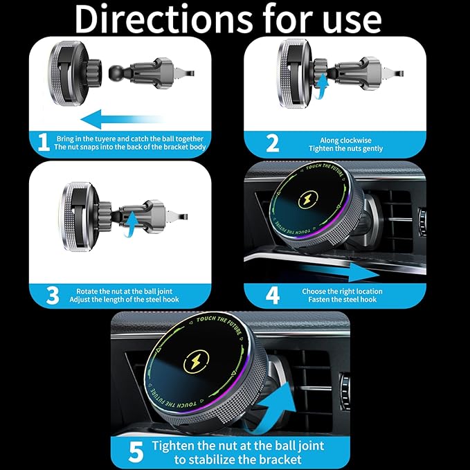 Car Mount Charger 15W Magnetic Phone Holder with Type-C Retractable Cable and RGB Light, Mag Wireless Charging Phone Mount for Air Vent Compatible with iPhone, Samsung, All Smartphones (Gray)