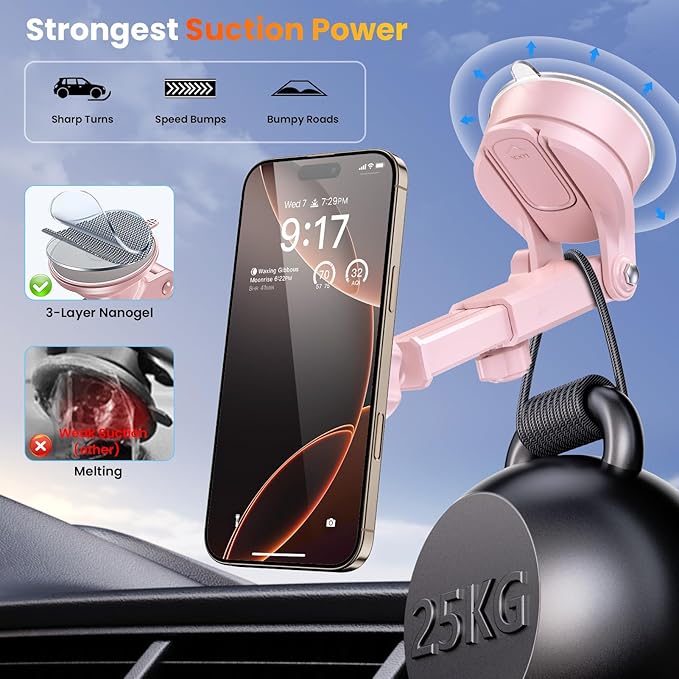 for MagSafe Magnetic Car Phone Holder [2026 Upgraded Strongest Magnet] Car Mount Suction Cell Stand for Dashboard Windshield Vent Compatible with iPhone 16/15/14/13/12/11 Android etc-Pink