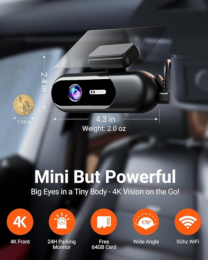 4K Dash Cam Front,Built-in 5G WiFi,64GB Card Included, Dash Camera for Cars, Mini 1.5" IPS Screen Dashcam with App Control,Super Night Vision, Loop Recording, G-Sensor, 24 Hours Parking Monitor