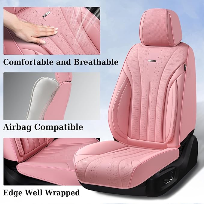 Coverado Pink Seat Covers for Cars, 2 Pack Leather Car Seat Covers, Luxury Waterproof Seat Covers, Front Car Seat Protectors, Driver Car Seat Cushions, Front Seat Covers Universal Fit for Most Cars
