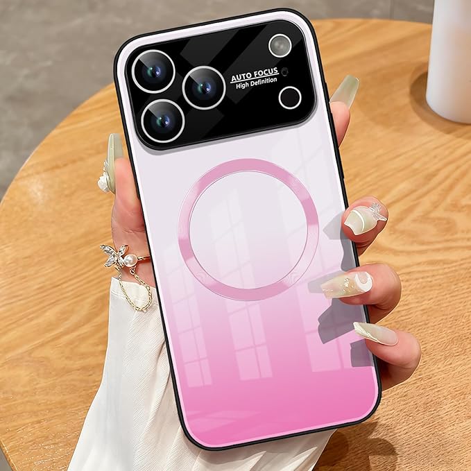 Guppy Compatible with iPhone 17 Pro Magnetic Case, with Full Camera Lens Protector [Compatible with MagSafe] Scratch Resistant Gradient Glass Back Cover Phone Case-Pink