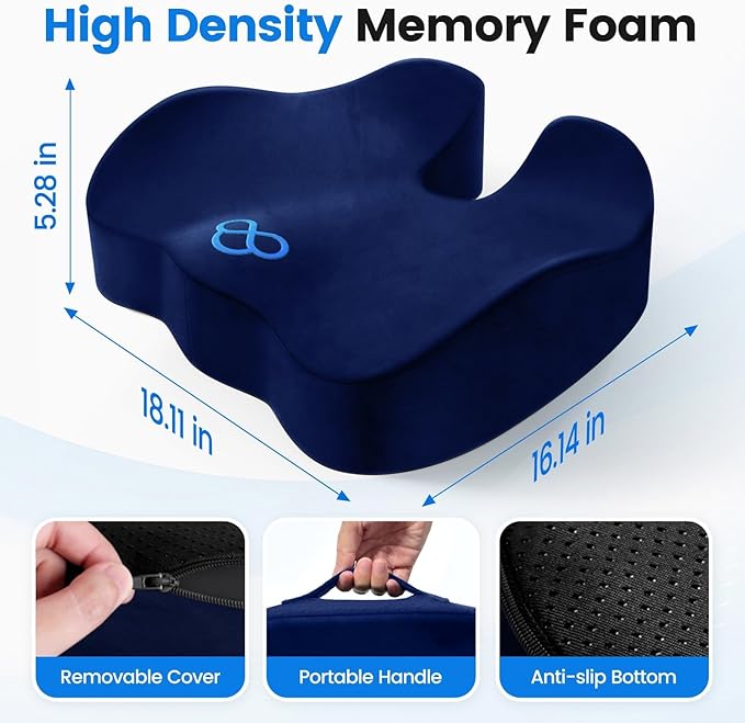 Seat Cushion with Carry Handle, Memory Foam for Tailbone/Sciatica Easing, Chair Cushions for Cars, Desks, Office Chair Cushion with Non-Slip Design, Ideal for Post-Surgery Recovery (Blue)