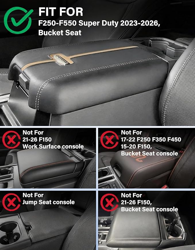 Center Console Cover for 2023 2024 2025 2026 Ford F250 F350 F450 F550 Super Duty Accessories, Vinyl Leather Armrest Cover Center Console Cushion, Black (Fits Bucket Seat Console Only)