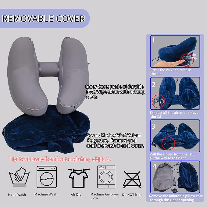 H-Shaped Travel Pillow with Snap-On Hood – Ergonomic Neck Support with Plush Velvet Cover, Instant Inflation & Compact Bag – for Airplane, Car, Office & Long Trips (Blue)