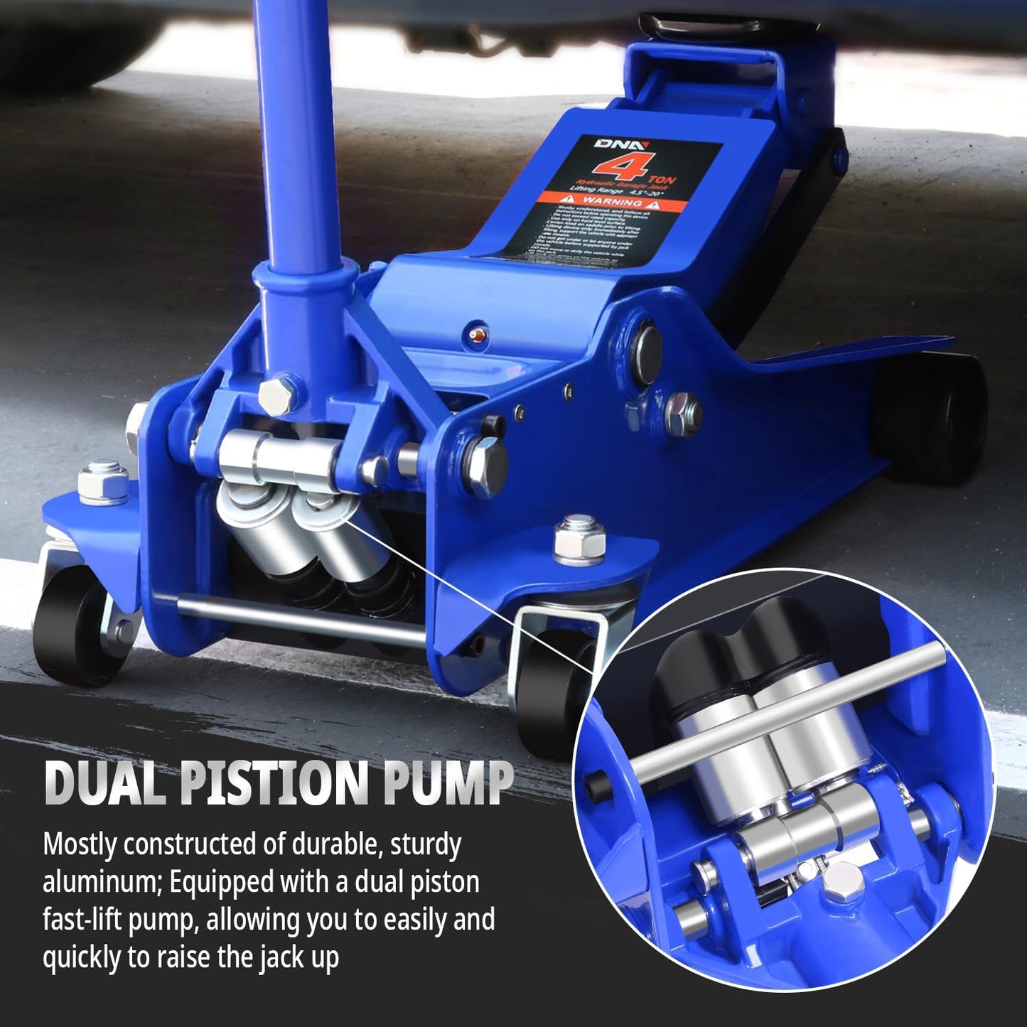 DNA MOTORING Low Profile Hydraulic Trolley Service/Floor Jack, 4 Ton (8000 lbs) Capacity, Lifting Range 4.5"-20",Blue,TOOLS-00308