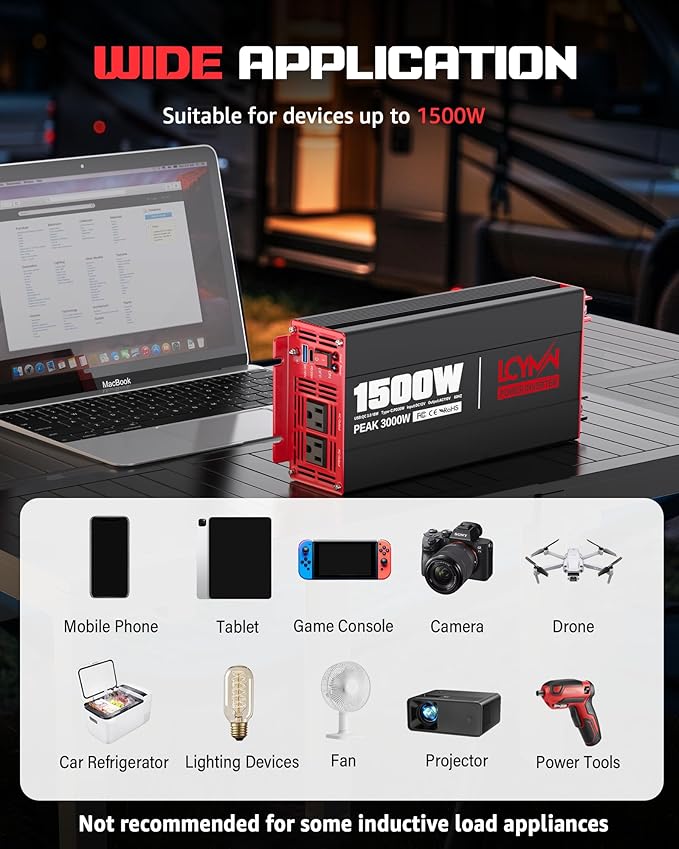1500 Watt Power Inverter DC 12V to AC 110/120V with Dual Outlets USB-C 30W USB-QC 18W Fast Car Charger Adapter for Vehicles Home RV Car Truck Off-Grid Solar System Converter