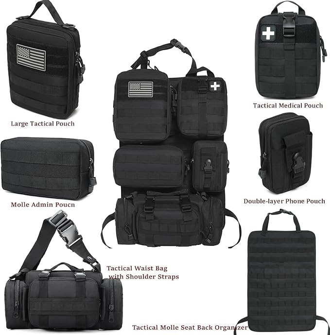 6 Pack Tactical Molle Car Seat Back Organizer - Tactical Vehicle Panel Organizer with 5 Detachable Molle Pouch,US Flag Patch and Keychain,Great Trunk Accessories for Man