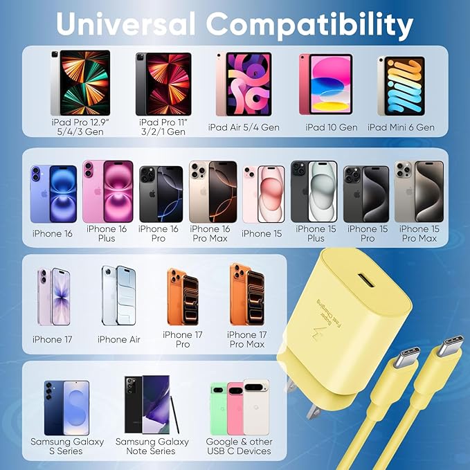 iPhone 16 15 Charger Fast Charging, 30W USB C Charger Block 10FT Cable for iPhone 15 16 Plus Pro Max/iPad Pro/AirPods, PD USBC Power Adapter Wall Plug with Extra Long Type C to C Cord (Yellow, 10FT)