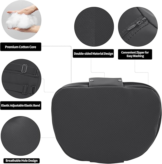 Car Headrest Pillow for Driving, Dual-Sided Leather Design Neck Pillow, Breathable Softness Neck Support, Universal Fit Head Rest Travel Pillow, Black, 1 Pack