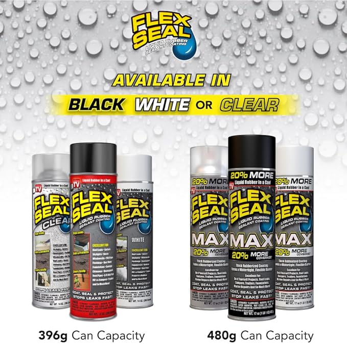 Flex Seal MAX, 17 oz, 1-Pack, White, Stop Leaks Instantly, Waterproof Rubber Spray On Sealant Coating, Perfect for Gutters, Wood, RV, Campers, Roof Repair, Skylights, Windows, and More