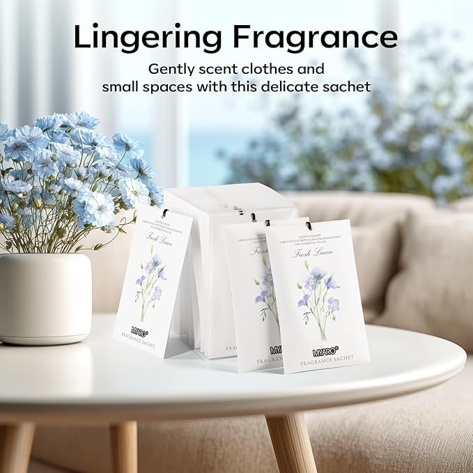 MYARO 12 Pack Fresh Linen Scented Sachets for Drawer, Closet & Car Air Freshener Bags | Odor Eliminator & Fabric Refresher | Crisp, Clean Home Fragrance Gift Set