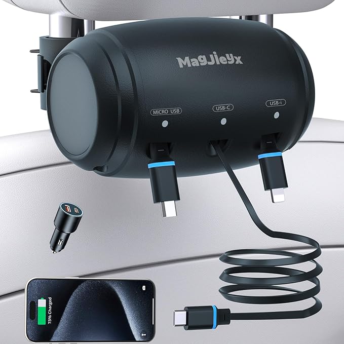 MAGJIEYX Multi Retractable Car Charger Station, Headrest 3 in 1 Charging Box Share Ride Dock for Backseat with Fast 38W Charger Adapter for All Phones|iPhone17/16/15/14|Samsung|iPad|Android