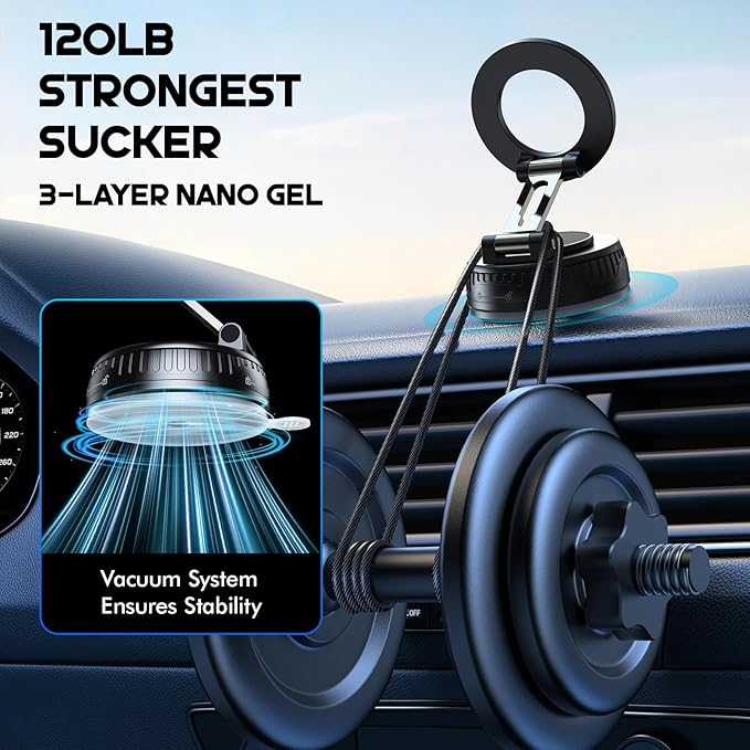 Vacuum & Magnetic Car Phone Holder for MagSafe 【Upgraded 120+ LBS】 360° Adjustable Cell Phone Holders for Your Car, Car Phone Mount Accessories for iPhone 17 Pro Max 16 15 14 13 12 Air Plus