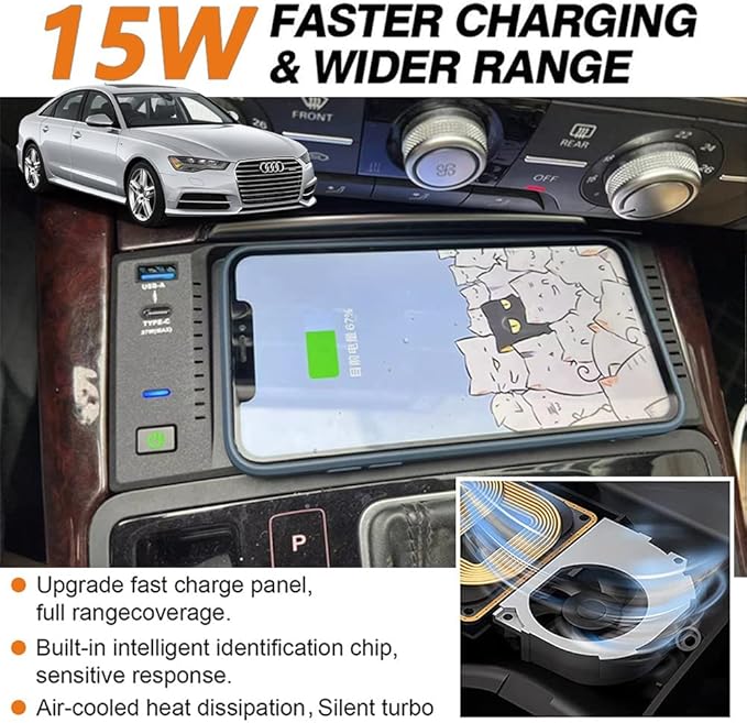 Wireless Car Charger for Audi A6 S6 RS6 2012-2018/ A7 S7 RS7 2009-2018, 15W Fast Charging Phone Charger Pad for Audi A6 C7 Accessory with QC3.0 USB & 27W PD for iPhone 12/13/14 Galaxy S22