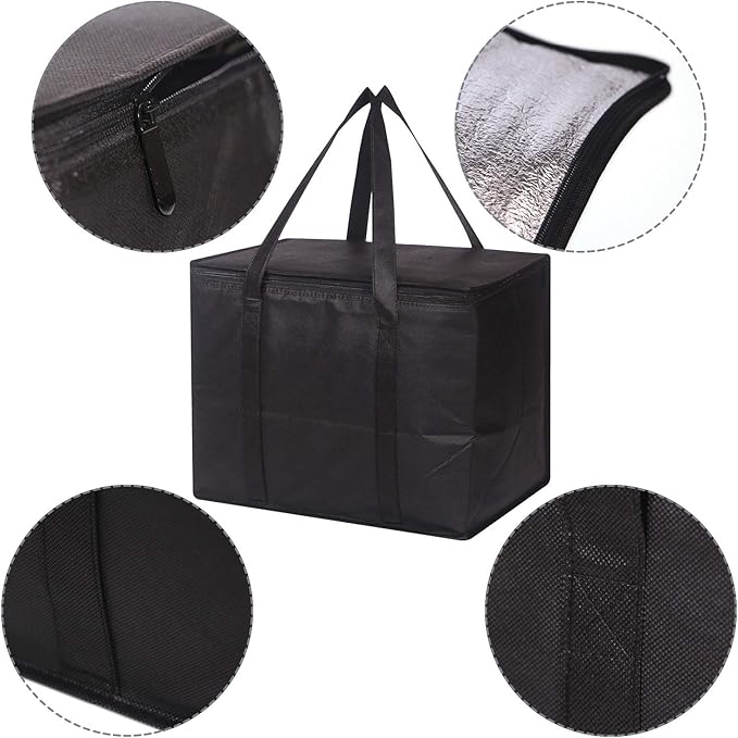 Set of 4 Large Insulated Reusable Grocery Bags with Sturdy Zipper and Handles, Foldable Washable Heavy Duty Cooler Totes for Hot or Cold Food Delivery, Groceries, Travel, Shopping