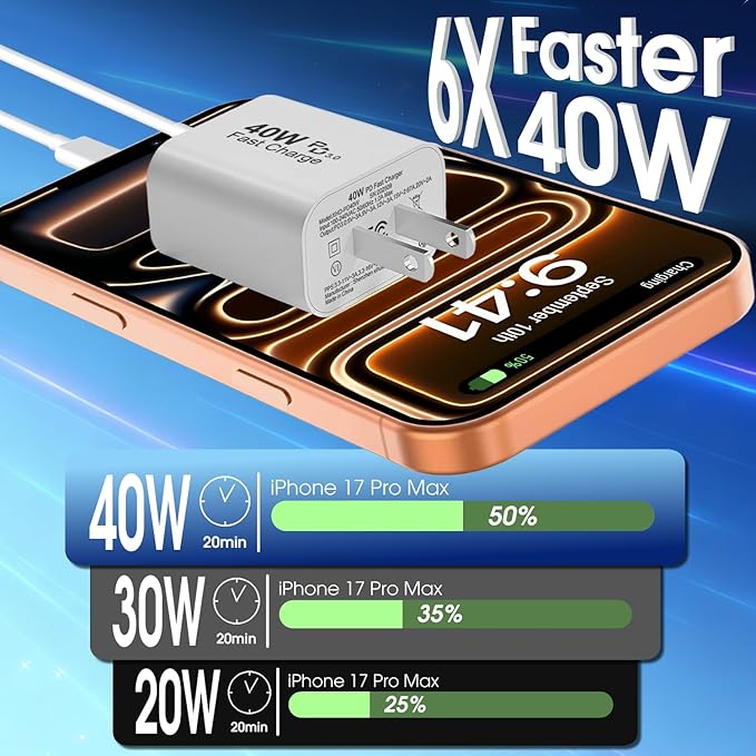 iPhone 17 16 15 Charger Fast Charging Type C Chargers 40W USB C Charger Block iPhone 17 16 15 Air Pro Max Chargers with 6FT Cable for iPhone 17/17 Plus/17 Pro Max/16 Plus/16 Pro Max/15 Max/iPad Pro