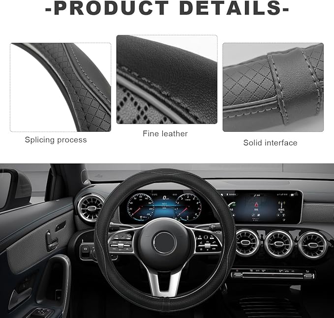 Car Steering Wheel Cover, 15 Inch Anti-Slip Breathable Leather Auto Steering Wheel Protector, Full Surround Soft Steering Wheel Cover for Men Women, Car Interior Accessories (Black & Gray)