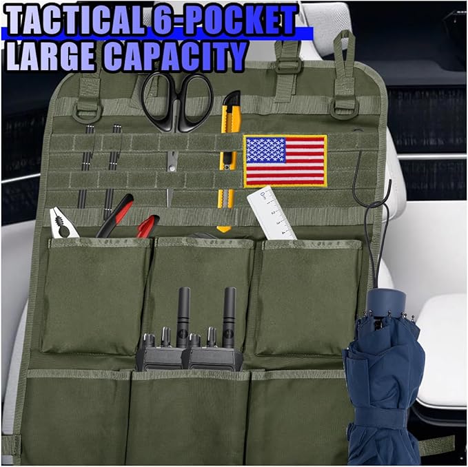 Tactical Molle Panel Car Seat Back Organizer, Waterproof Car Front Seat Protector with Multiple Pockets, Universal Kick Mat for Kids/Pets, Vehicle Backseat Storage Bag for Most Cars (Green)