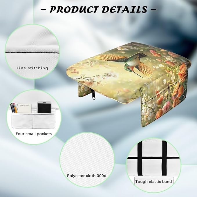Car Center Console Cover with Side Pockets, Hummingbird Floral Soft Auto Armrest Cushion, Memory Foam Arm Rest Protector, Universal Seat Box Cover Car Interior Accessories