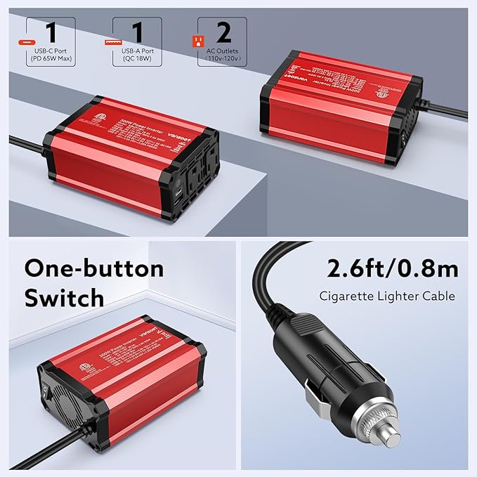 300w Power Inverter DC 12V to AC 110V - vansoet Car Plug Adapter Outlet with 3.4A Dual USB Fast Charging Port - Car Charger Cigarette Lighter Adapter for Phone, Laptop on Road Trip (Red-65)
