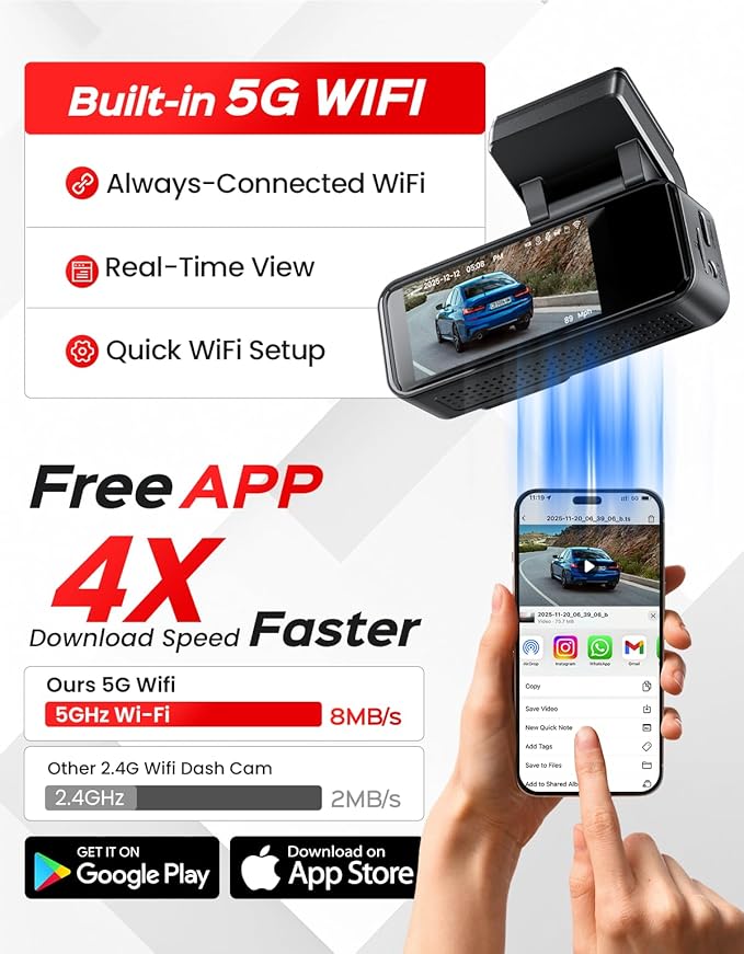 TECXLERON Dash Cam, 4K Full HD Dash Camera for Cars, Built-in GPS and Wi-Fi, 64GB SD Card Included, 160° Wide Angle Lens, Night Vision, G-Sensor, Loop Recording, 24H Parking Monitor