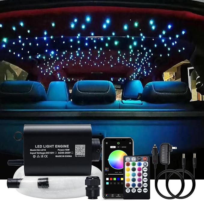 AKEPO 16W Car Home RGBW APP Fiber Optic Lights Starlight Headliner Light Kit,Mixed Fiber Cable 430pcs（0.75+1+1.5mm） 9.8ft/3m+28key RF Remote +Music Activated Effect