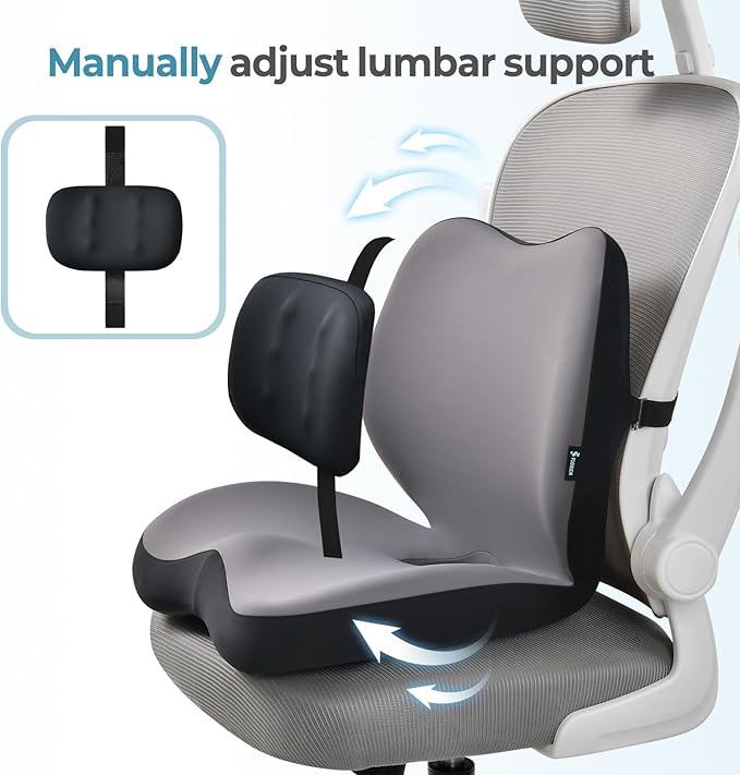 FLORICH 2 in1 Truck Seat Cushion and Lumbar Support Pillow Memory Foam Car Seat Cushion with Adjustable Strap for Truck Driver Long Drives, Fits Semi Truck Seat,Car,Office&Gaming Chair(Black)