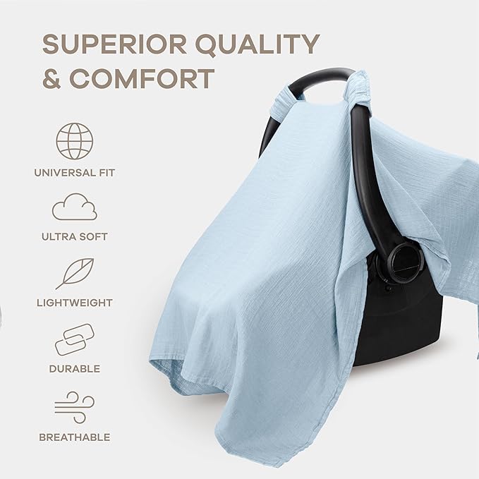 Comfy Cubs Baby Car Seat Cover - Soft, Breathable Bamboo Rayon and Muslin Cotton Blend - Lightweight Canopy for Sun, Bug, and Comfort Protection - Large Size Infant Seat Cover in Sky Blue Design