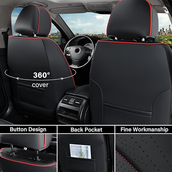 Coverado Car Seat Covers Full Set, Leather Seat Covers for Car, Waterproof Seat Covers, Automotive Seat Cushions, Breathable Car Seat Protector Universal for Most Sedans, Trucks, SUV (Black &Red Line)