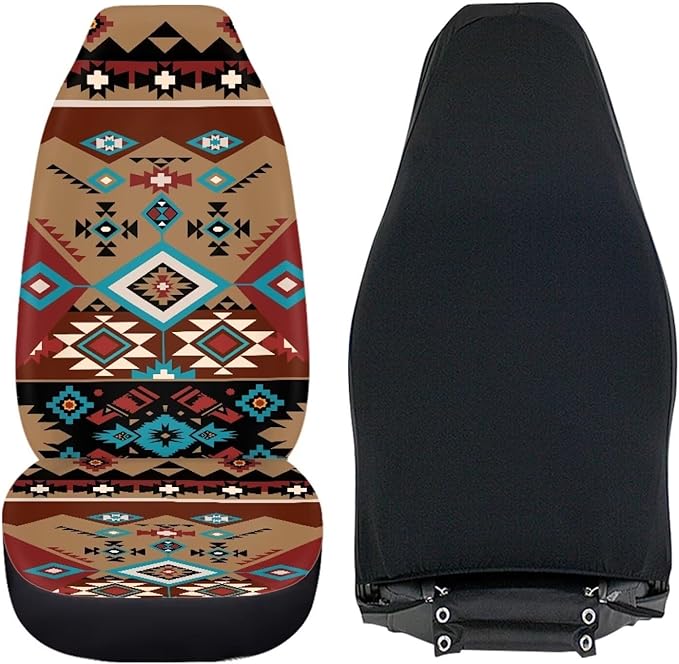 ELEQIN Car Seat Covers Two Front Only for Car, Brown Aztec Geometric Automotive Interior Covers, Quick Setup Universal Fit Seat Covers for Car, Truck, SUV