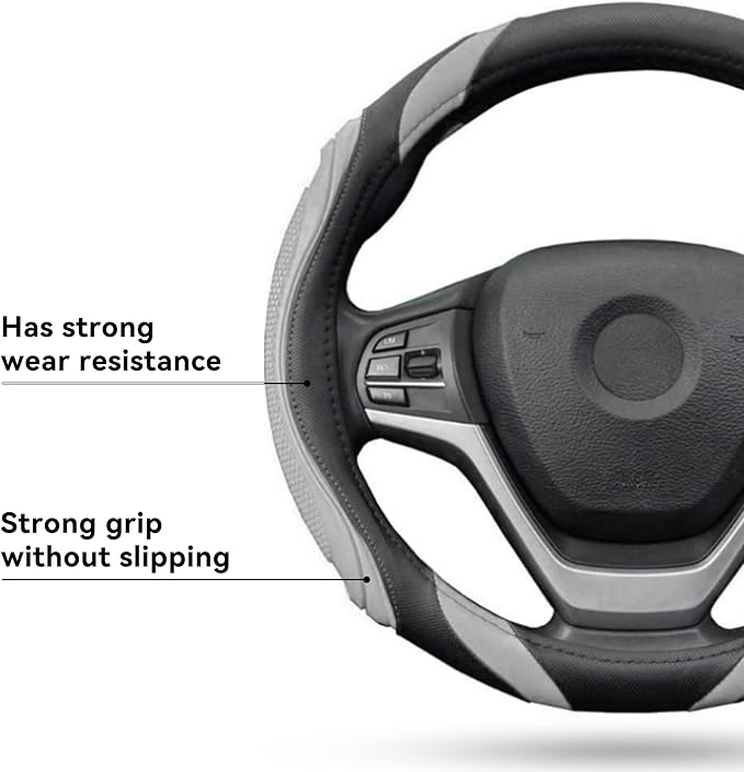 Car Steering Wheel Cover, 15 Inch Leather Breathable Anti-Slip Soft Steering Wheel Protector for Men and Women, Universal Car Accessories for SUV, Truck, RV (Gray)