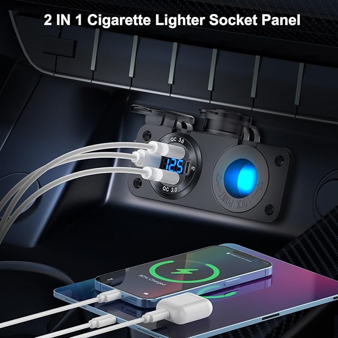 2025 Upgraded 4 Port 12 Volt USB Outlet Cigarette Lighter Socket Panel, Dual PD3.0 and Dual QC3.0 USB Ports Aluminum Car Charger with Voltmeter, Lighted 150W Socket, 2 in 1 DIY Kit for Boat RV, etc.