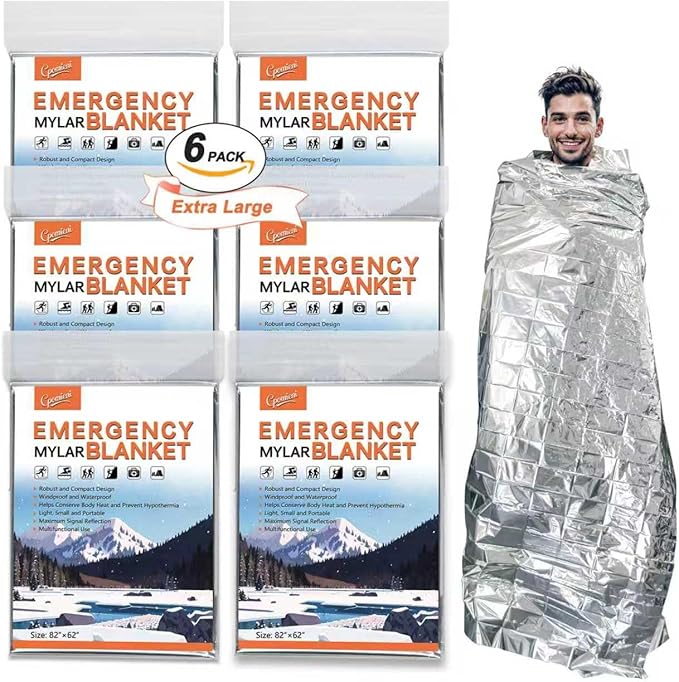 6 Pack - Large 82” x 62” Survival Emergency Mylar Thermal Blankets, Thermal Survival Blanket Perfect for Camping, Hiking, Body Insulation, Outdoors, Car Survival Kit, Bug Out Bag