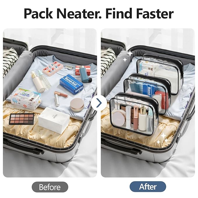 PACKISM TSA Approved Toiletry Bag - Clear Makeup Bag 3 Pack Medium, Metal Smooth Zipper Quart Size Bag for 3-1-1 Liquids, Travel Makeup Bag for Women Men, Airport Airline Compliant Bag, Black