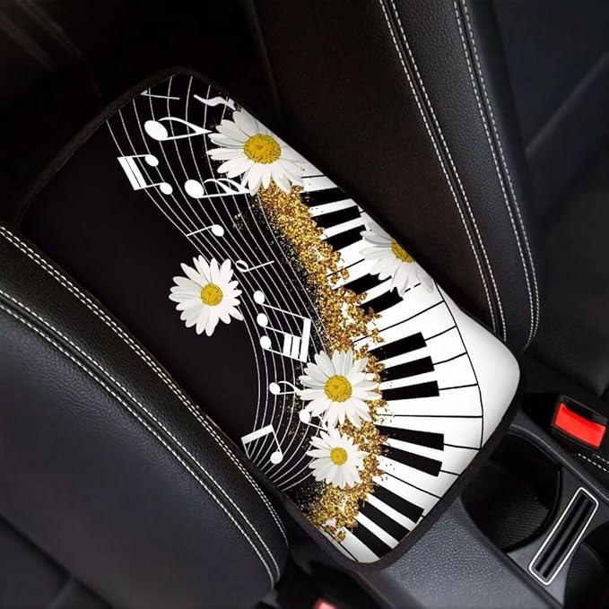 Coldinair Music Notes Car Armrest Cover,Piano Keys Auto Center Console Pad,Soft Seat Box Cover Protector Cushion,Daisy Car Accessories Decor for Most Cars,Sedan,Truck,SUV