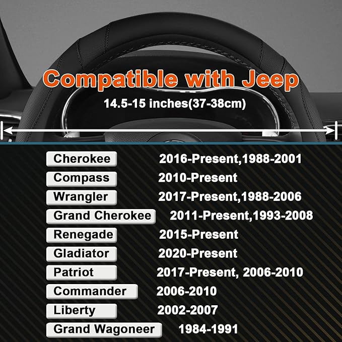 West Llama Customized Auto Car Steering Wheel Cover for Jeep Grand Cherokee,Wrangler,Compass,Gladiator,Cherokee 14.5-15 inches(Black - Standard Size)