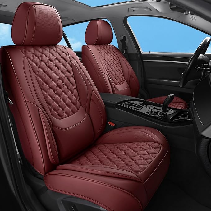 Car Seat Covers Full Set Burgundy, Luxury Faux Leather Waterproof Women Non-Slip Seat Protector Universal Fit for Most Cars SUVs Trucks Pick-ups Car Accessories Interior (Wine Red-Full Set)