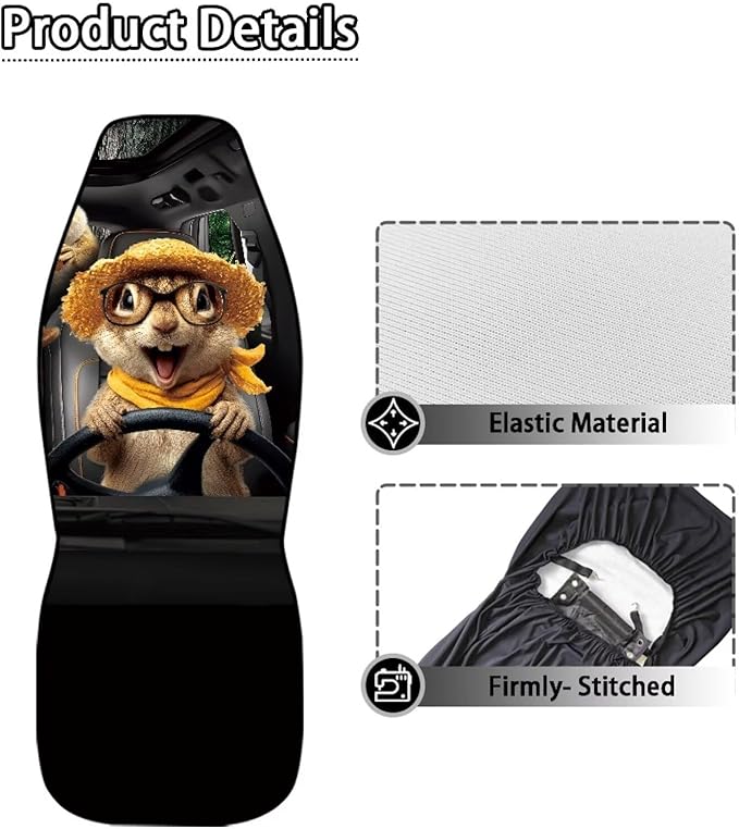 Funny Front Seat Covers for Cars Happy Squirrel All Weather Bucket Seat Covers Scratchproof Automotive Seat Cushion Covers for SUV,Vans,Sedans,Trucks