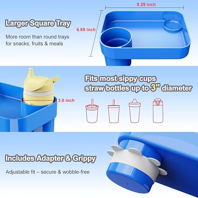 Car Seat Snack Tray for Toddlers - 3 Inch Cup Holder Fits Most Sippy Cups & Straw Bottles with Dip Well, Mess-Free Square Kids Travel Tray Road Trip Essentials, Blue