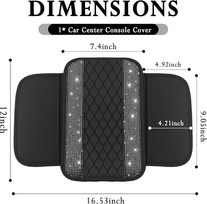 Car Center Console Cover with Diamond Grid Design,Bling Armrest Cover Cushion with 2 Storage Bags,Soft Leather Arm Rest Cover for Car Interior Accessories (Black + White)