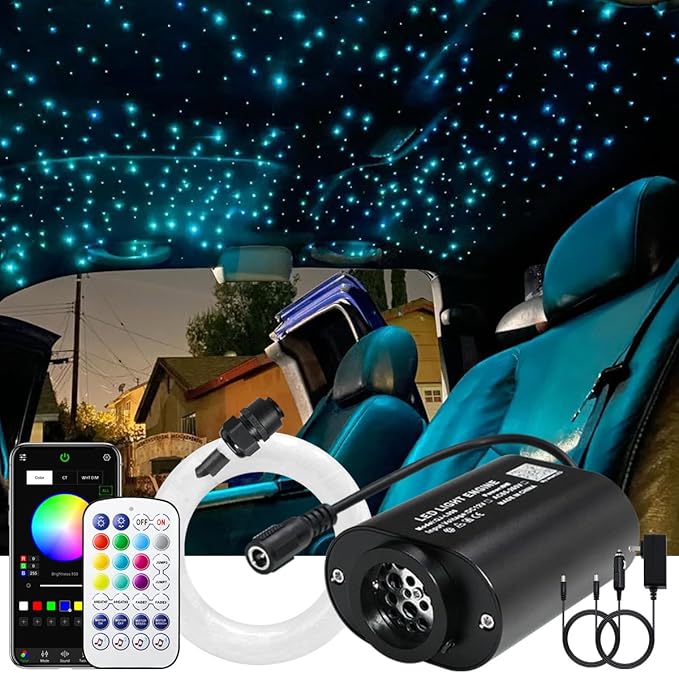 AKEPO Mini Size 6W Twinkle Fiber Optic Lights, 450pcs 0.03in 9.8ft/3m Optical Fiber Music Activated Starlight Headliner RGBW APP Control Optic Star Ceiling Light Kit for Home and Car