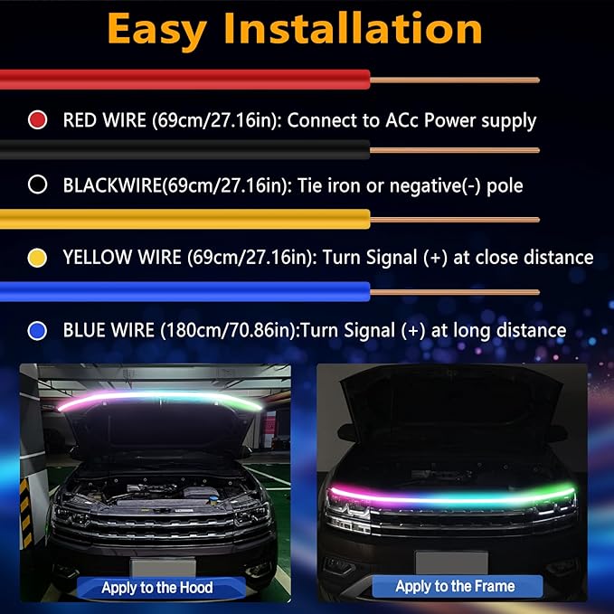 79 Inches RGB Multicolor Dynamic Scanning Starter Hood Lights, Car LED Hood Light Strip, Exterior Flexible Headlight Waterproof Daytime Running Lamps Strips (1 Set)