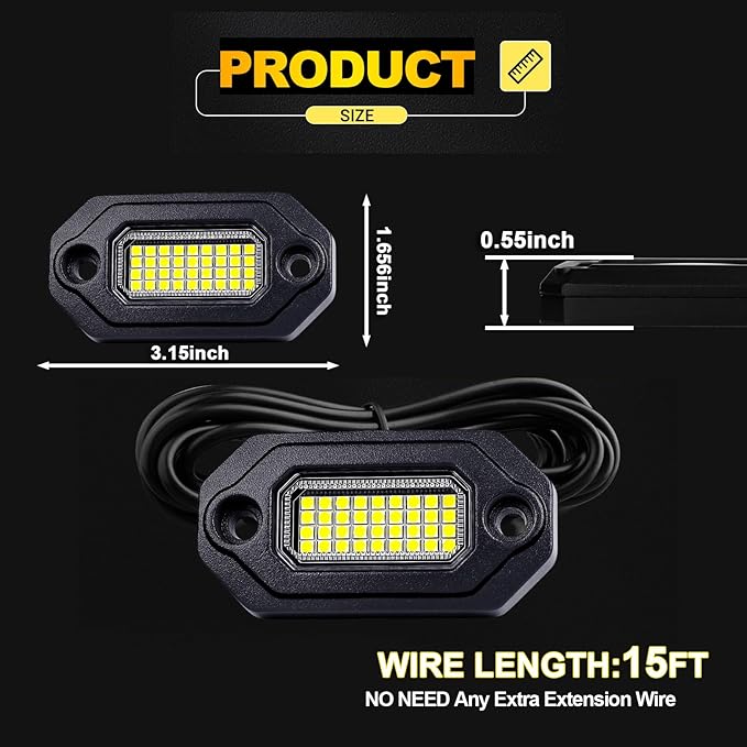 4Pods Metal Bright Pure White LED Rock Lights Kit,Per pod provided 15FT Power Cord,6500K 36LEDs Neon Underglow Light Aluminum Waterproof Fender Lights for Trucks Trailer Jeep Off Road ATV UTV