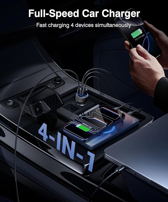 [2026 Updated 4-in-1] USB-C Car Charger, 4-Port 90W Super Fast Charging Cigarette Lighter Adapter, USB-C & USB-A PD/QC Multiport for iPhone 17/16/15, iPad, MacBook,Samsung Galaxy, and Android Devices