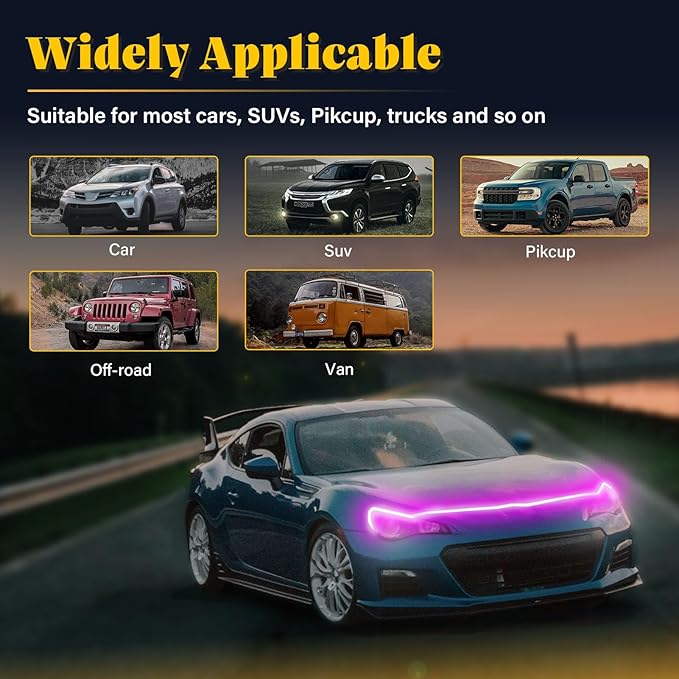DIBMS 71-inch High-Brightness Car Hood Gap LED Light Strip - Daytime Running Lights Universal Auto Exterior Decor Accessories (Pink)