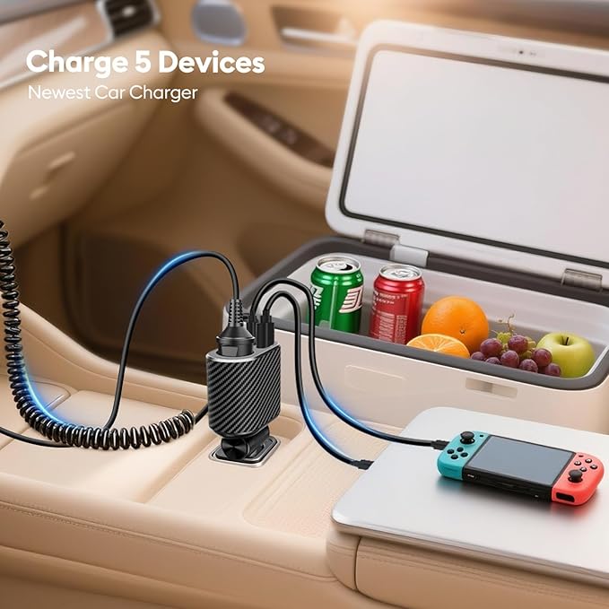 180W Retractable Car Charger Cigarette Lighter Splitter, Fast Charging Socket with Replaceable Fuse, Dual Cables for Type-c&Lightning Cord Fits for Dash Cam/Laptop/iPad/iPhone/Galaxy
