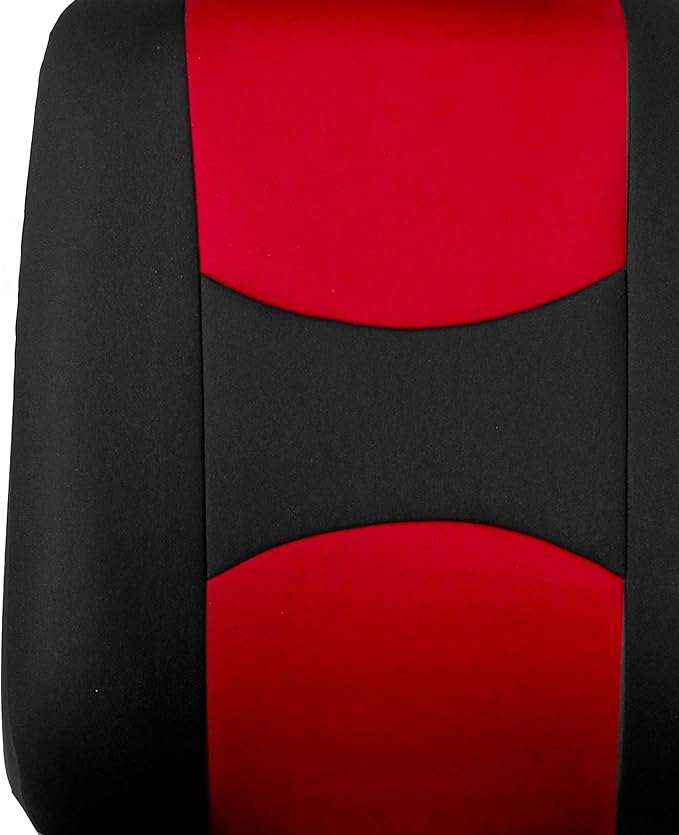 FH Group Car Seat Covers Flat Cloth Automotive Red Full Set, Rear Solid Bench Universal Fit Combo Steering Wheel Cover & Seat Belt Pads Car Seat Protector for Cars Trucks SUV Interior Accessories